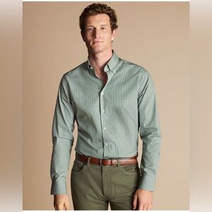 NWT Mens Charles Tyrwhitt Button-Down Collar Non-Iron Check Oxford Shirt - Green